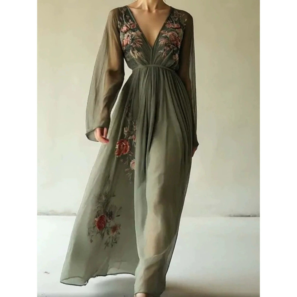 Zara Spring Summer Printed Long Sleeve Maxi Dress Evening Gown
